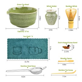 Amosua Matcha Set, 9 Pcs Japanese Matcha Whisk Set Matcha Tea Set for Traditional Tea Ceremony, Ceramic Matcha Kit for Matcha Drinks Matcha Set Whisk and Bowl Gift for Starters & Matcha Lover, Green