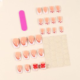OHWODA Short Square Valentine’s Day Press on Nails Red Heart 3D Bow Fake Nails Glossy White French Tip Glue on Nails Valentines Acrylic False Nails Full Cover Stick on Nails for Women Finger Manicure