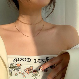 Xmsrn Vintage Layered Paperclip Chain Choker Necklace Gold Chunky Paper Chain Necklace Punk Oval Chain Necklace Thin Ball Chain Necklace Chain for Women