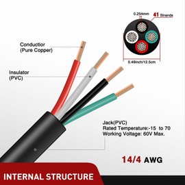 Nilight 25 Feet 4 Way Trailer Wire Extension Cable 14 Gauge 4 Conductor 100% Pure Copper Insulated Heavy Duty Wire Weatherproof for 4 Pin Blade RV Trailer Automotive