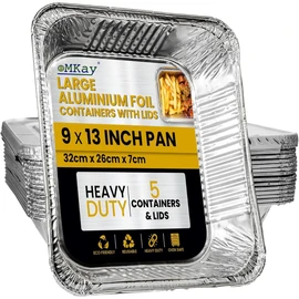 eMKay® Pack of 5 Large Heavy-Duty Foil Aluminium Trays with Lids–32 x 26 cm Deep Tin Containers for Cooking, Baking,Roasting, BBQ, Meal Prep Storage, Ideal for Christmas Parties,Catering and more