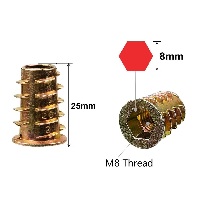 M8 (8mm) X 25mm Wood Insert Hex Socket Nuts Threaded