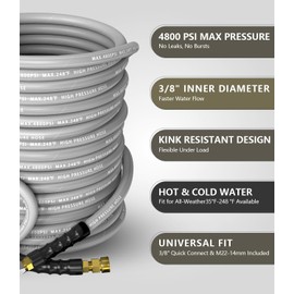 NAVOHEVEN 3/8" Pressure Washer Hose 100FT 4800 PSI, Kink Resistant Steel Braided Layer & NonMarking Rubber for Hot/Cold Water, High Power Washer Hose With 3/8 Inch Quick Connect & M22 Fitting, Gray