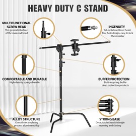 LOMTAP C Stand Light Stand Stainless Metal Photography Kit - Heavy Duty 10.8ft/330cm Vertical Pole, 4.2ft/128cm Boom Arm, Adjustable Base, Water Sandbag, 2 Grip Heads, 3 Clips for Softbox, Reflector