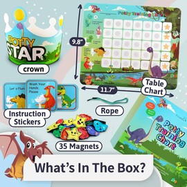 Potty Training Chart with 35 Stickers, 3 Reminder Stickers and Crown for Toddlers Boys and Girls - Potty Training Rewards for Kids - Dino