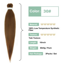 Brown Braiding Hair Pre stretched 16Inch 3 Packs Pre-stretched Braiding Hair Colored 30 EZ Braid Yaki Texture Synthetic Hair Extensions for Crochet Box Braids