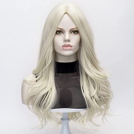 Platinum Blonde Wig Morticia Long Wavy Realistic Curly Synthetic White Blonde Daily Wig (Platinum Blonde) (Platinum Blonde)