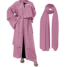 IDOPIP Muslim Abaya Dress for Women Long Maxi Chiffon Islamic Kaftan Dubai Robe Open Front Cardigan Prayer Dresses with Hijab Scarf Middle East Loose Full Length Cover Gown Clothes #A: Purple M