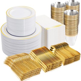 GATHER 700PCS Gold Plastic Plates - Whtie and Gold Plastic Dinnerware Sets 100Guest - 200 Gold Disposable Plates, 300 Gold Plastic Silverware, 100 Cups, 100 Napkins for Wedding & Party & Thanksgiving