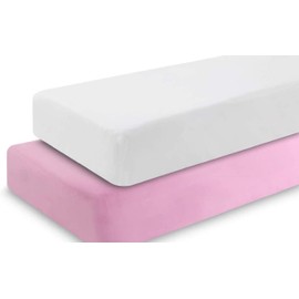 Dudu N Girlie Fitted Sheet Travel Cot Mattress Sheets 95 x 65 - Travel Cot Fitted Sheet 2 Pack Hypoallergenic Baby Cot Sheets Bedding Elasticated Breathable Easy Care (Pack of 2, White & Pink)