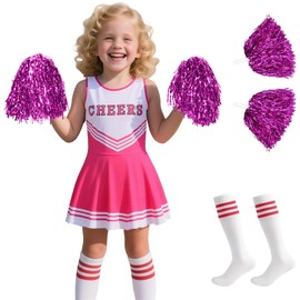 Disfraz de animadora para niñas, traje de animadora para niños, vestido con pompones para Halloween de 3 a 12 años (rosa, L)