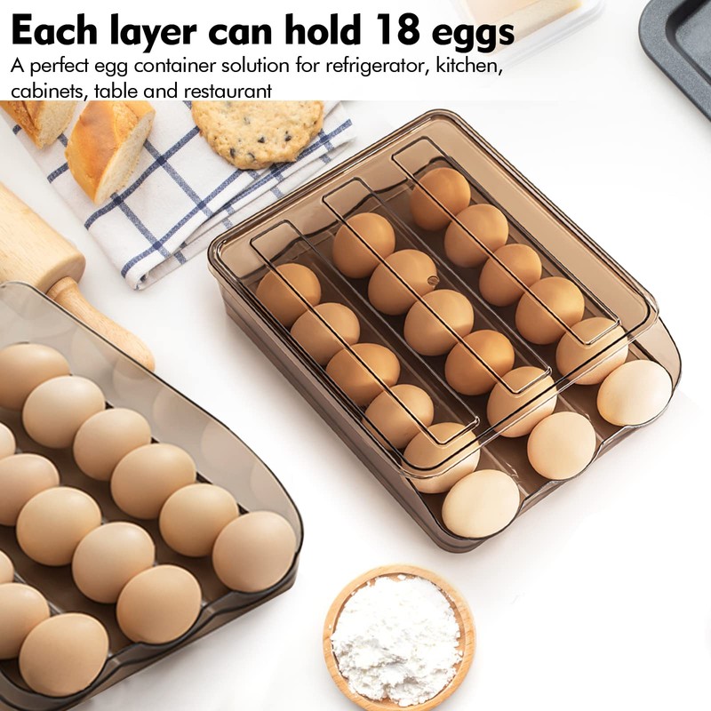 Lunmore Large Capacity Egg Holder for Refrigerator, Auto Rolling Egg