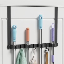 DEYILIAN Broom and Mop Holder Over the Door, Broom Holder with 4 Racks and 3 Hooks Metal Broom Organizer Wall Hanging Broom Storage Behind the Door for Closet Kitchen Cabinet Garden