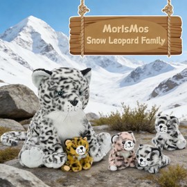 MorisMos Snow Leopard Stuffed Animal with Babies, 5-in-1 Plush Family, 14" Mommy Snow Leopard with 4 Baby Cubs, Soft Cuddly Big Cat Plush Toys Gifts for Kids Birthday Jungle Baby Shower Nursery Decor