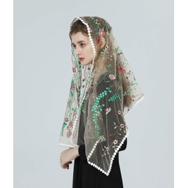 BEAUTELICATE Mantilla Lace Veil Catholic Scarf Stole Headscarf for Women Church Worship Mass Chapel Bride V118, Leaves Flower Pattern - Champagne