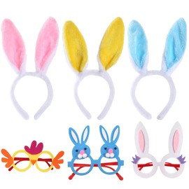Pack of 3 rabbit ears headbands and 3 paper glasses, Easter bunny ears, plush rabbit ears headbands, plush headbands for carnival, Easter party, costume role play