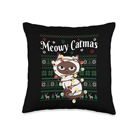 G2T Funny Christmas Outfit Meowy Catmas Cat Fairy Xmas Light Ugly Christmas Sweater Throw Pillow, 16x16, Multicolor
