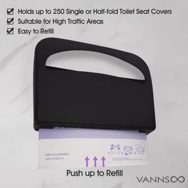 VANNSOO Toilet Seat Cover Dispenser - Stainless Steel Wall Mount Toilet Seat Cover Holder for Commercial Bathroom, 250 Single or Half Fold Seat Covers Capacity (Black)