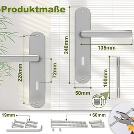 DIYGEEK Türklinke für Drückergarnitur Zimmertür, Türbeschlag Langschild Türgriffe Innentüren, Türgriff-Set Edelstahl 72MM-BB-Buntbart, L-Form, Silber Gebürstet