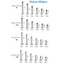 Self Drilling Screws,AETTL 404pcs #8#10 Stainless Steel Hex Head & Wafer Tapping Screws Assortment Kit, Include 24 Most Common Sizes for Metal Building and Repair (AET-L404)