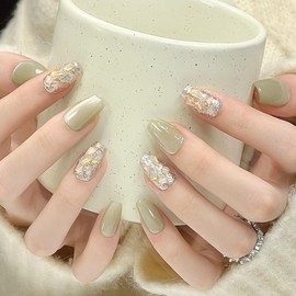 Pure Handmade Nails Press on Nail Reusable Fake Nails Green&Golden RhineStones Bling Bling Medium Stick on Nails French Tip False Nails 10pcs (S, Q308 NAILS)