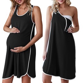 Ekouaer Labor and Delivery Gown for Hospital 3 in 1 Nursing Dress Sleeveless Maternity Snap Button Breastfeeding Nightgown Black L