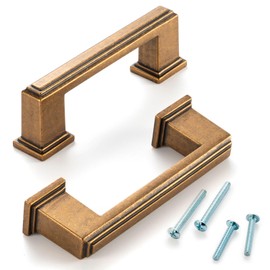 ASKANO Antique Brass Cabinet Pulls, 3 Inch Hole Centers, Stepped Kitchen Cabinet Handles ZP2206 | Pack of 10, Solid Retro Hardware for Kitchen Door Drawer Dresser Bathroom Vanity Cupboard, 3"