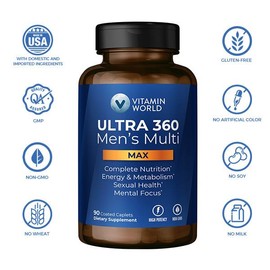 Vitamin World ULTRA 360 Men's Max Multivitamin, Max for Men Daily Multivitamin - Non-GMO, Gluten Free - Supplement, Healthcare Fitness Edible - Size: 90 Caplet