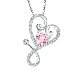 Aprila Women Necklace 925 Sterling Silver Heart Stethoscope Pendant Necklace with Cubic Zirconia October Birthstone Tourmaline Color Jewelry Medical Doctor Nurse Jewelry