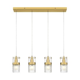 LMS Dining Room Light Fixture, 4-Light Brushed Gold Kitchen Island Lighting, Industrial Linear Chandeliers for Dining Room Over Table Pendant Light with Hammered Glass for Bar Restaurant, LMS-171BG4L
