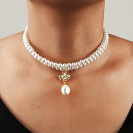 Pearl Choker Necklace for Women Single Pearl Rhinestone Flower Pendant Necklace Dainty Multilayer Pearl Prom Choker 1920s Accessories Women