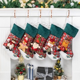 GEX 2024 New Christmas Stockings for Family 5 Pack Plush Dolls Plaid Green Christmas Stockings Ornament Fireplace Xmas Tree Holiday Decoration(Set of 5