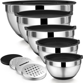 P&P CHEF Mixing Bowl with Lid Set, 5 Piece Stainless Steel Mixing Nesting Bowls for Salad Storage, 3 Grater Attachments & Non-Slip Bottoms, Size 1/1.5/2 / 2.6/4.6 QT, Black