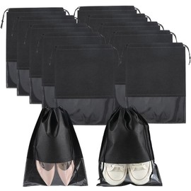 SOFPLATE 10 Pack 14.3 x 10.6 Inch Drawstring Shoe Bag Portable Shoe Bags with Clear Window Black Dust Proof Non Woven Cloth Fabric Organizer Pouches Sets for Travel Boot Luggage DIY Protecting Storing