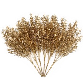 PASYOU Fake Plants Christmas Decorations, Artificial Flowers Golden Plastic Shrubs Faux Leaves Outdoor Indoor Home Garden Party Room Bedroom Office Wedding Table Centerpiece DIY Decor, Gold 6 Bunches