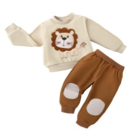 DOMOABEI Toddler Boy 3t Baby Boy Outfit Fall Winter Boy Clothes Long Sleeve Cute Cartoon Sweatsweatshirts Pocket Pants Set Fall Winter Outfits Set Lion Apricot and Khaki 3-4T