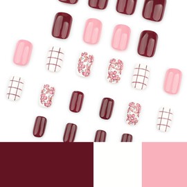Short Square Press on Nails Pink Spring Fake Nails with Flower Design White Grids Glue on Nails Full Cover Glossy Summer Fall False Nails for Women Girls Manicure 24pcs
