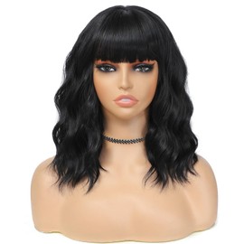 BEAUTIFA Black Wig with Bangs for Women 14 Inch Shoulder Length Short Bob Wavy Curly Wig Black Wig Heat Resistant Synthetic Wigs
