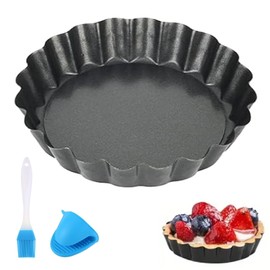 2 Pcs Tart Tins with Loose Base, Non Stick Flan Tin Mini Fluted Round Pie Tin for Baking Quiche Pie Tartlet, Carbon Steel (with Brush and Hand clamp)