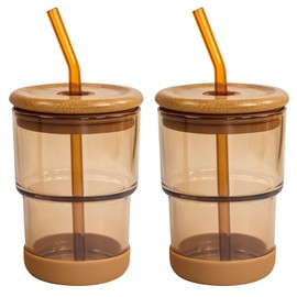 Zukro 13oz/400ml Glass Iced Coffee Cup with Bamboo Lid and Straw, Rubber Base, Reusable Thick Wall Cute Water & Juice Drinking Glass, Aesthetic Matcha Cups, Gift for Women, Amber 2 Pack