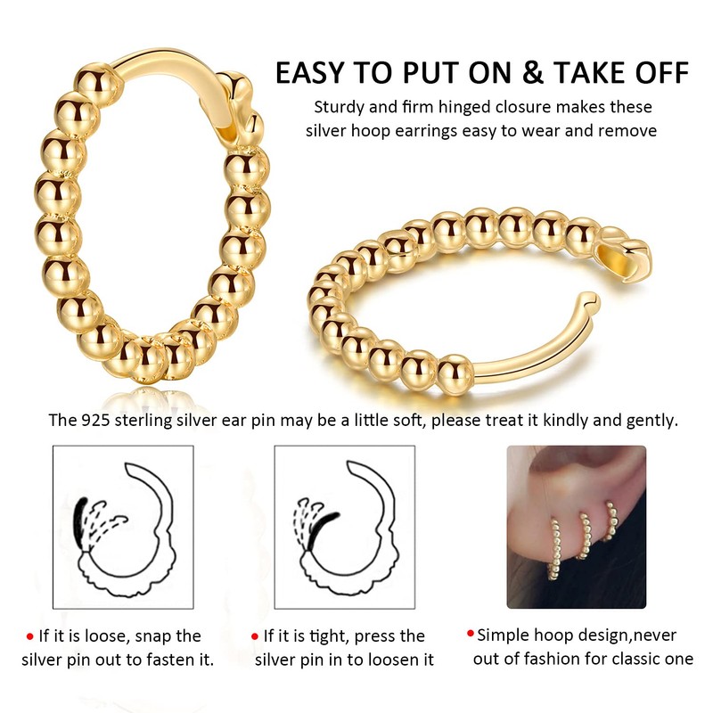 Gold Hoops Earrings for Women| 3 Pairs Small Sterling Silver
