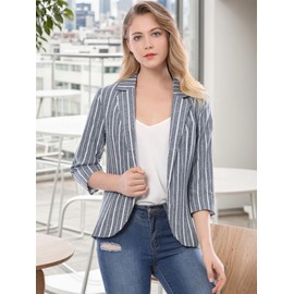 Allegra K Women's Striped Open Front Work Office 3/4 Sleeves Casual Notched Lapel Blazer X-Large Blue