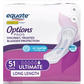 Equate Options Women's Incontinence Pad Ultimate Absorbency Long Length 51 Count