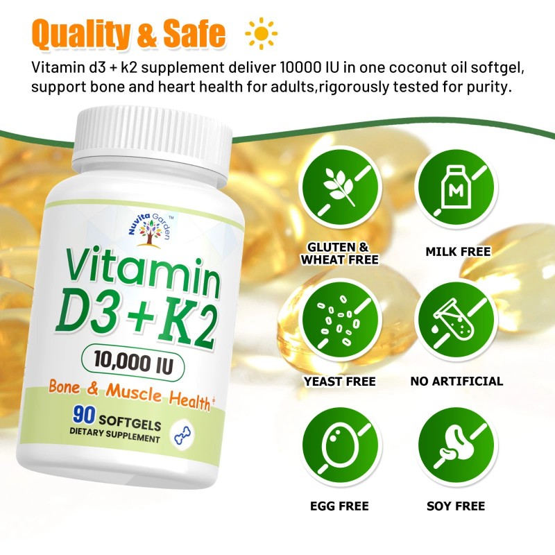 NuvitaGarden Vitamin D3 + K2 10000 IU, Promotes Calcium Absorption