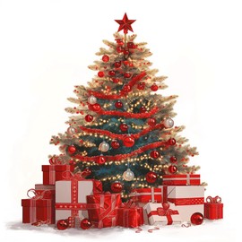 Zhenqing Christmas Tree Diamond Painting Kit Full Drill 26.5x26.5cm - Tapered Tree with Red Gold Ornaments, Glowing Lights & Gift Boxes, Complete Craft Set(Z8242)