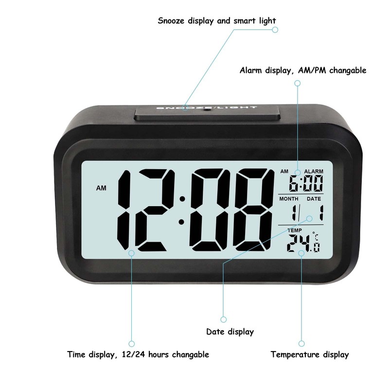 JOPHEK LCD Digital Alarm Clock, Travel Alarm Clock with Temperature