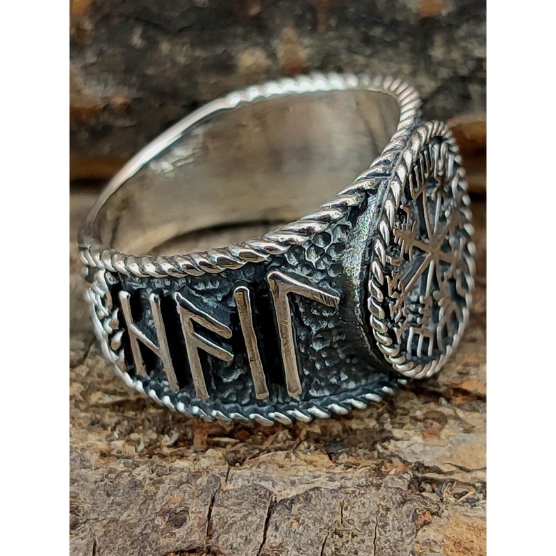 Kiss of Leather Viking Compass Vegvisir Ring 925 Sterling Silver