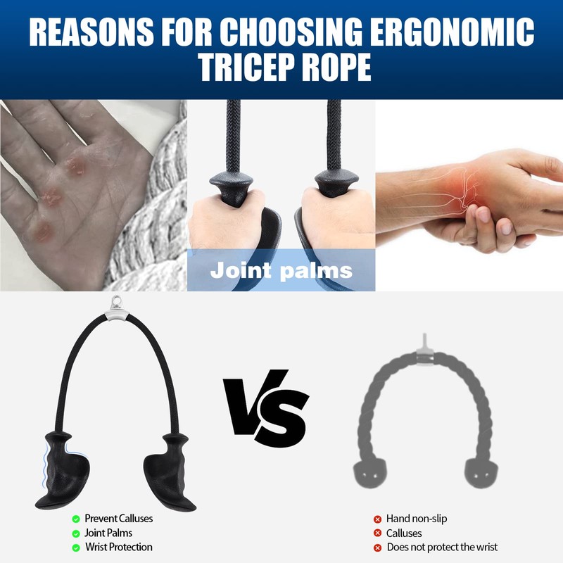 HXD-ERGO Tricep Rope with Ergonomic Handles, 36 Inch Tricep Pull