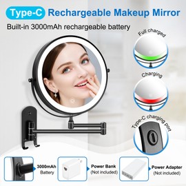 9" Rechargeable Wall Mounted Lighted Makeup Mirror, Double Sided 1X/10X Magnifying Mirror with 3 Color Lights Dimmable, Bathroom Mirror with Hook, Black