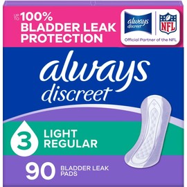 Always Discreet Adult Incontinence Pads for Women, Drier, 3 Drop Regular Length, Light Absorbency, Pads for Bladder Control Management, Bladder Leaks, & Postpartum Pads, 90ct